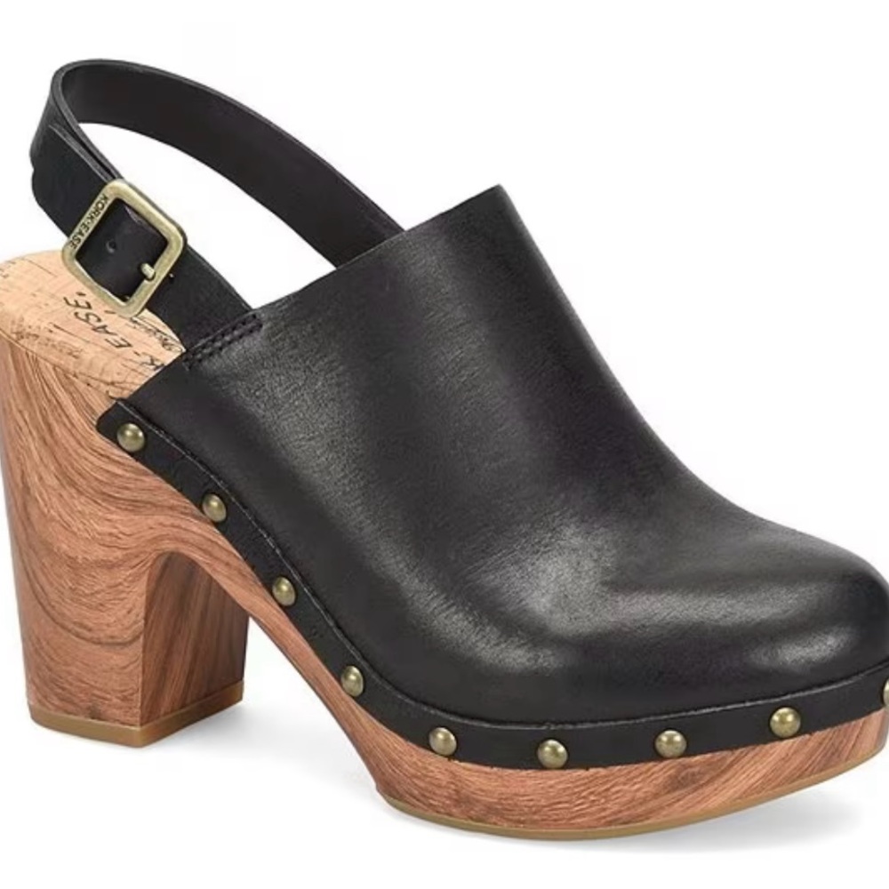 KORK-EASE WONEN’s DARBY BURNISHED LEATHER PLATFORM SLINGBACK CLOGS- BLACK